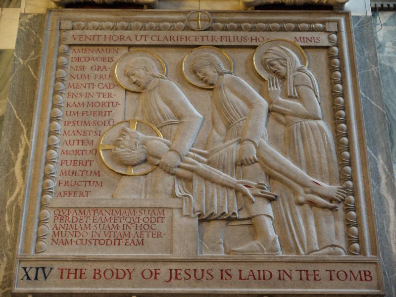London, England: Westminster Cathedral: Station of the Cross XIV, The Body of Jesus Is Laid in the Tomb (1918, Eric Gill)