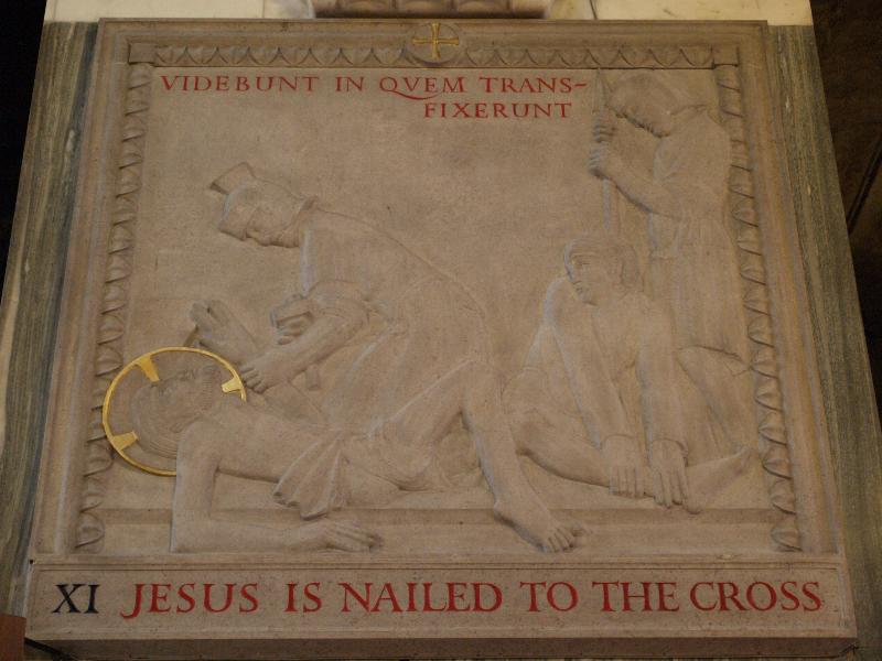 London, England: Westminster Cathedral: Station of the Cross XI, Jesus Is Nailed to the Cross (1918, Eric Gill)