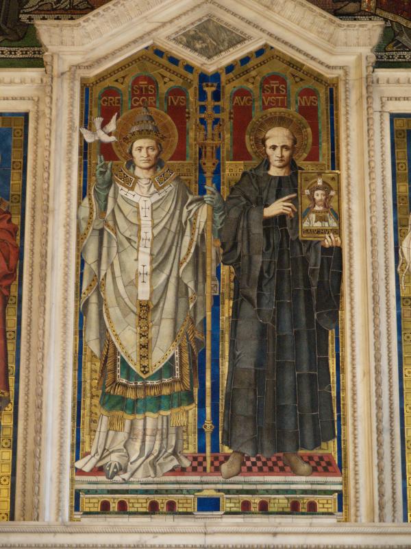 London, England: Westminster Cathedral: Chapel of St Gregory and St Augustine, St Gregory and St Augustine (1901, designed by Clayton and Bell, made by James Powell and Sons)