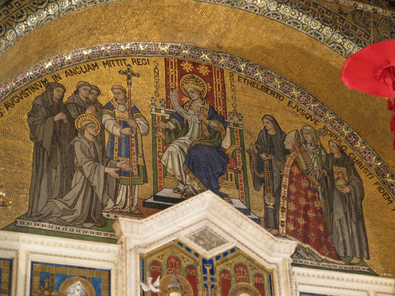 London, England: Westminster Cathedral: Chapel of St Gregory and St Augustine, St Gregory sends St Augustine to England (1902-1904, designed by Claytonand Bell, made by Venice and Murano Glass company)