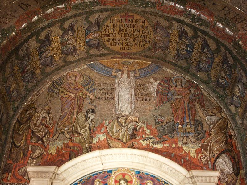 London, England: Westminster Cathedral: Holy Souls Chapel, archangel Raphael escorting souls through the cleansing flames (1902-1903, designed by John Bentley and W.C. Symons, installed by George Bridge)