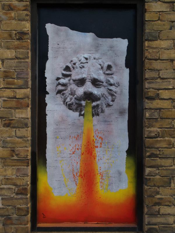 Cambridge, England: Newmarket Road: lion and lava (Dellboy, 18th-19th September 2010, Blight Society Arts Sub-Urban Secret Jam)