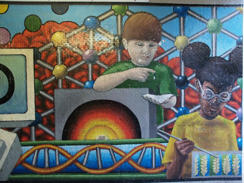 Cambridge, England: Elizabeth Way underpass: west tunnel, kids and science