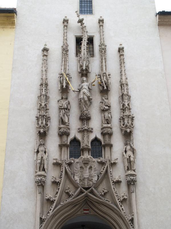 Brno, Czech Republic: Stara Radnice (Old Town Hall): decoration over entrance (with twisted turret) (c 1511, sculptor Anton Pilgram)