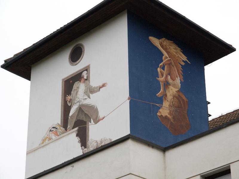 Brno, Czech Republic: Zelny trh (Cabbage or Vegetable Market): trompe l'oeil at back of building