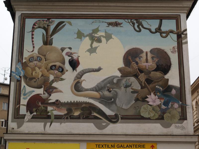 Brno, Czech Republic: Meninska: animals, wall mural (1992, 1997, artist Vojkuvka)
