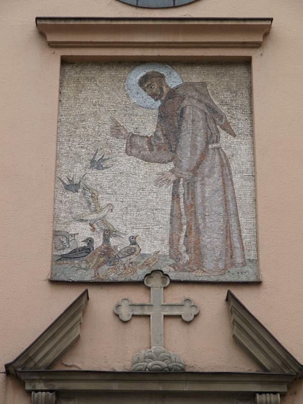 Brno, Czech Republic: Kostel Nalezeni sv. Krize (Holy Cross): mosaic over entrance, St Francis of Assisi (artist V. Vokolek, replaced one destroyed in 18th century by weather)