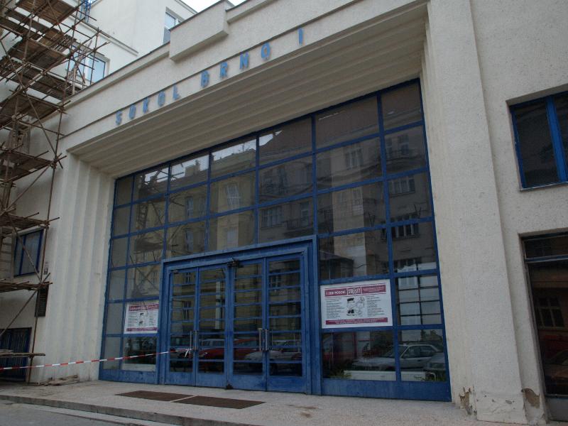 Brno, Czech Republic: Kounicova, Sokol Brno I: entrance (1928-1929, Milose Lamla)