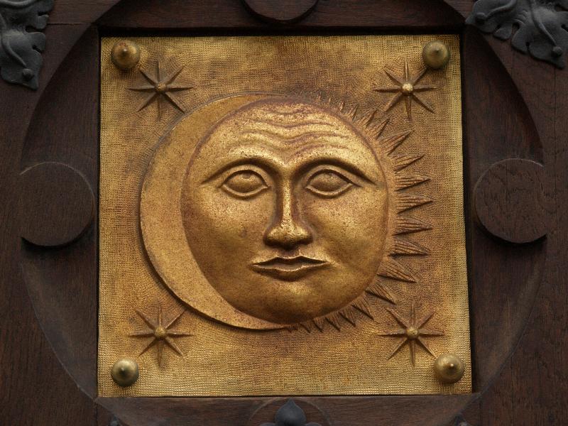 Brno, Czech Republic: Bazilika Nanebevzeti Panny Marie (Basilica of The Assumption of Our Lady): door detail: sun and moon