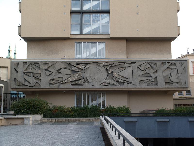 Brno, Czech Republic: Husova, Hotel International (Best Western): relief of sun (1961, Sylva Lacinova or Lacinova-Jilkova, and Jan Rajlich, Sr.)