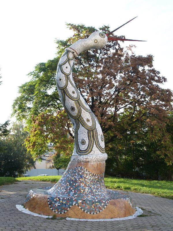 Brno, Czech Republic: Pekarska: mosaic sculpture (1999, Havlicek)