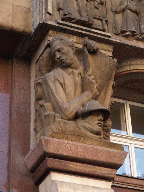 Prague, Czech Republic: Na Porici, Legionarska banka (Legiobanka): WWI memorial for Battle of Doss Alto (1923, sculptor Jan Stursa, architect Josef Gocar)
