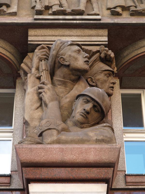 Prague, Czech Republic: Na Porici, Legionarska banka (Legiobanka): WWI memorial for Battle of Zborov (1923, sculptor Jan Stursa, architect Josef Gocar)
