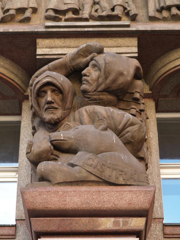 Prague, Czech Republic: Na Porici, Legionarska banka (Legiobanka): WWI memorial for Magistrale (1923, sculptor Jan Stursa, architect Josef Gocar)
