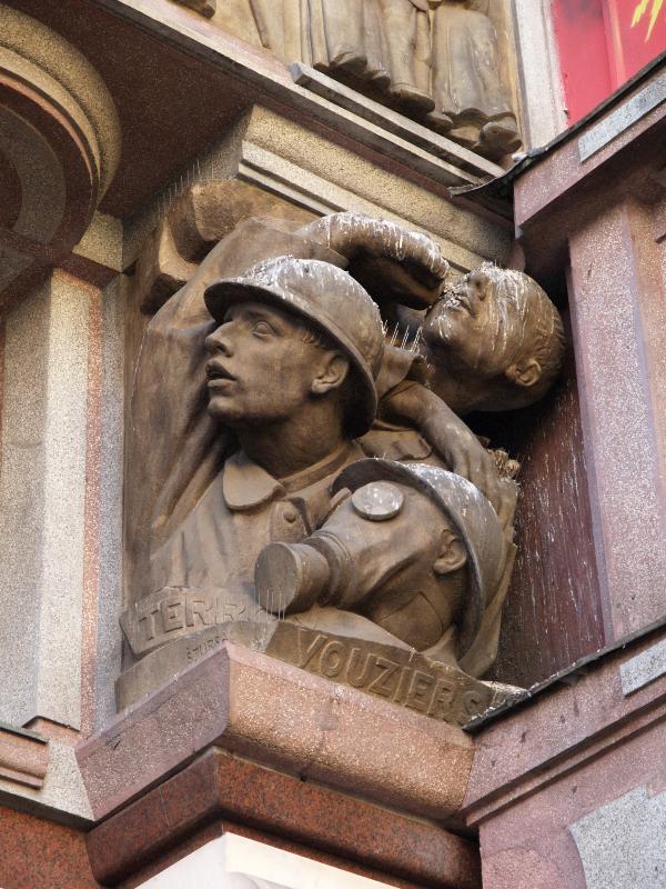 Prague, Czech Republic: Na Porici, Legionarska banka (Legiobanka): WWI memorial for Battles in Terron and Vouziers (1923, sculptor Jan Stursa, architect Josef Gocar)