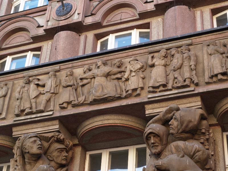 Prague, Czech Republic: Na Porici, Legionarska banka (Legiobanka): frieze, perparing for World War I (sculptor Otto Guttfreund)