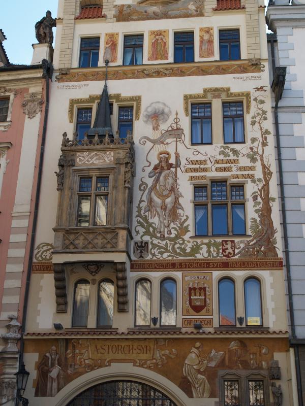 Prague, Czech Republic: Staromestske namesti (Old Town Square), Storchuv dum (Storch House, House at the Stone Virgin Mary): mural of St Wenceslas (1896-1897, artist Mikolas Ales, architect Bedrich Ohmann and Rudolf Krieghammer)