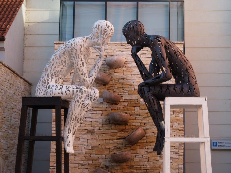 Prague, Czech Republic: Na Porici, Palladium Shopping Centre: two thinkers