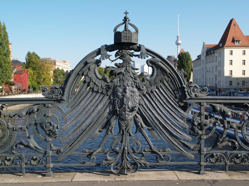 Berlin, Germany: Friedrichstrasse: Weidendammer Bruck,  railing, imperial eagle (1895-1896, bridge designed by Otto Stahn, railing made by workshop of M. Fabian, Puls, Langer, Methling und Kruger)