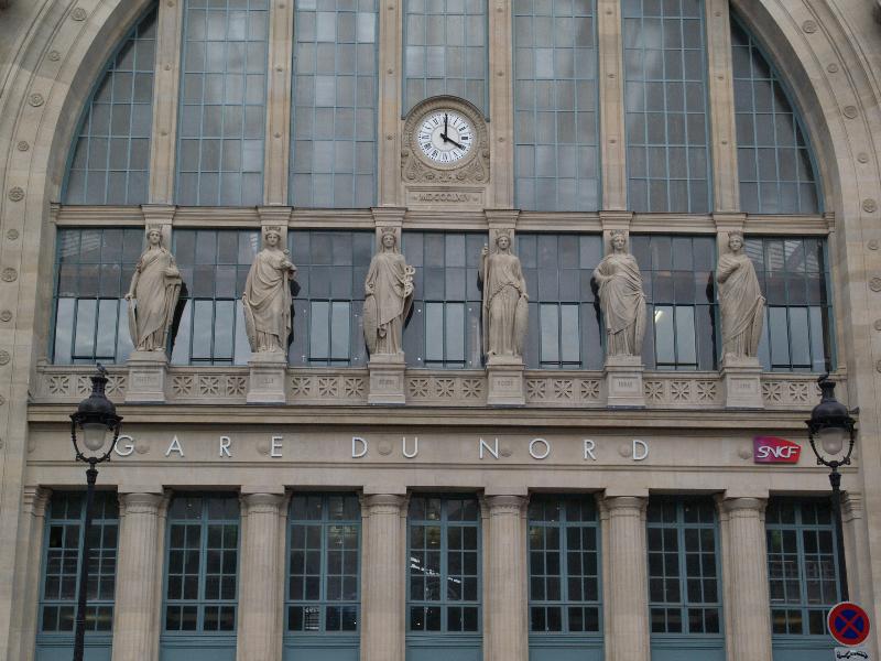 Paris, France: Gare du Nord: facade (1861-1865, architect Jacques Ignace Hittorff; sculptures Lille and Beauvais by Charles-Francois Leboeuf, Rouen and Amiens by Eugene-Louis Lequesne, Arras and Laon by Theodore-Charles Gruyere)