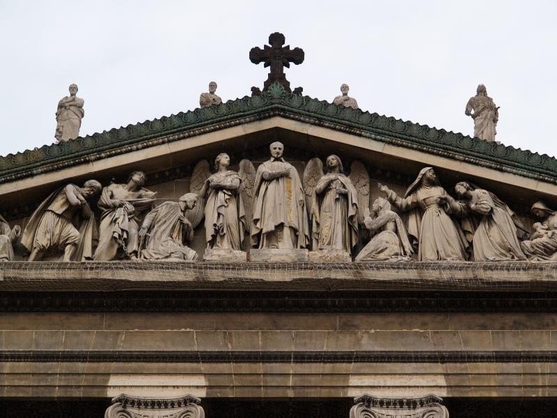 Paris, France: Place Franz Liszt, Eglise Saint-Vincent-de-Paul: pediment, The Apotheosis of Saint Vincent-de-Paul (building 1824-1844, architects Jean-Baptiste Lepere and then Jacques Ignace Hittorff; sculptor Charles-Francois Leboeuf-Nanteuil)