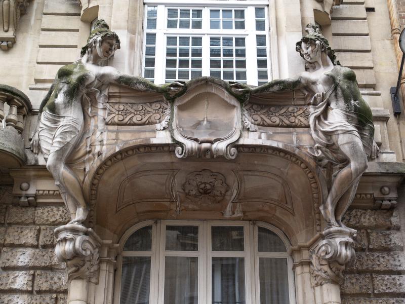 Paris, France: Rue d'Abbeville 16 and Rue du Faubourg Poissonniere 114: two nymphs aside balcony (1899, architect Georges Massa, sculptor Alexandre Dupuy)