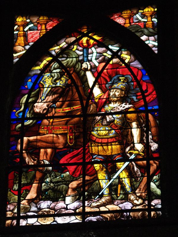 Paris, France: Rue des Abbesses, Eglise Saint-Jean-de-Montmartre: Cavalier Rouge (Les 4 Cavaliers de l'Apocalypse) (1901, executed by Jac Galland according to the design of Pascal Blanchard)