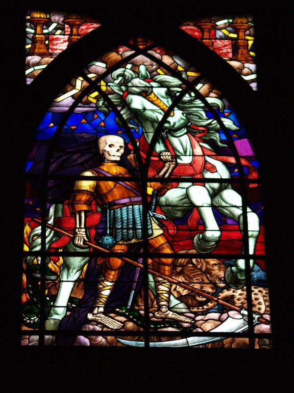 Paris, France: Rue des Abbesses, Eglise Saint-Jean-de-Montmartre: Cavalier Pale (Vert) (Les 4 Cavaliers de l'Apocalypse) (1901, executed by Jac Galland according to the design of Pascal Blanchard)