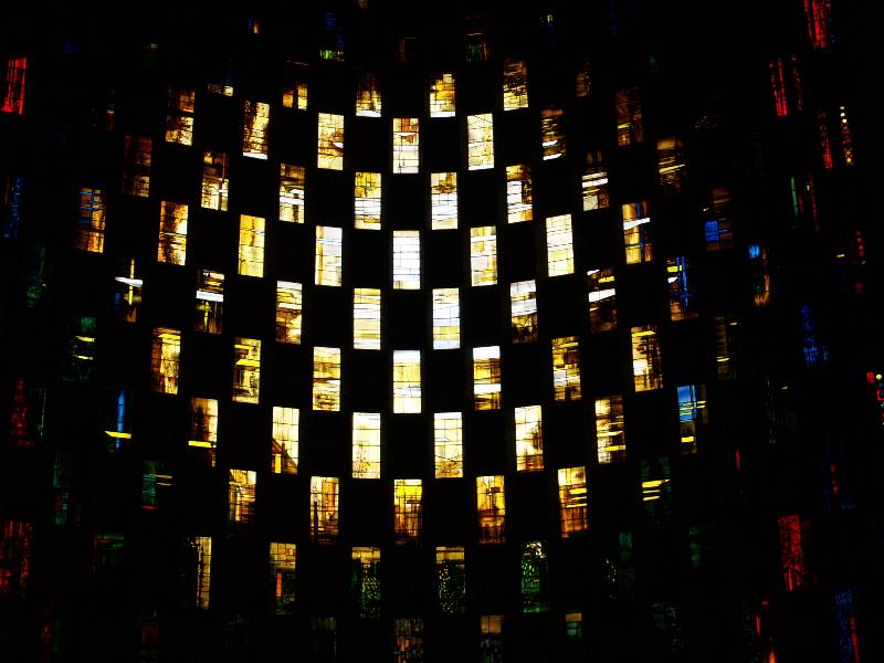 Coventry, England: Coventry Cathedral (St Michael's Cathedral): baptistry window, sunburst detail (1962, designed by John Piper, made by Patrick Reyntiens)
