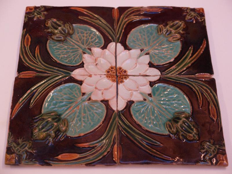 London, England: British Museum: four earthenware tiles with frogs on lily pads (about 1900, designed by Rafael Bordalo Pinheiro)