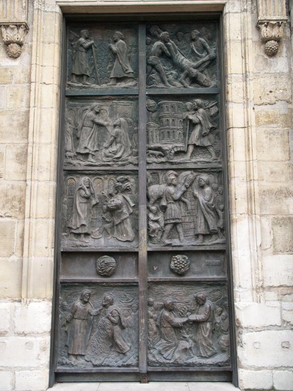 Paris, France: Place Jean Marais, Eglise Saint-Pierre de Montmartre: central door (1980, Tommaso Gismondi)