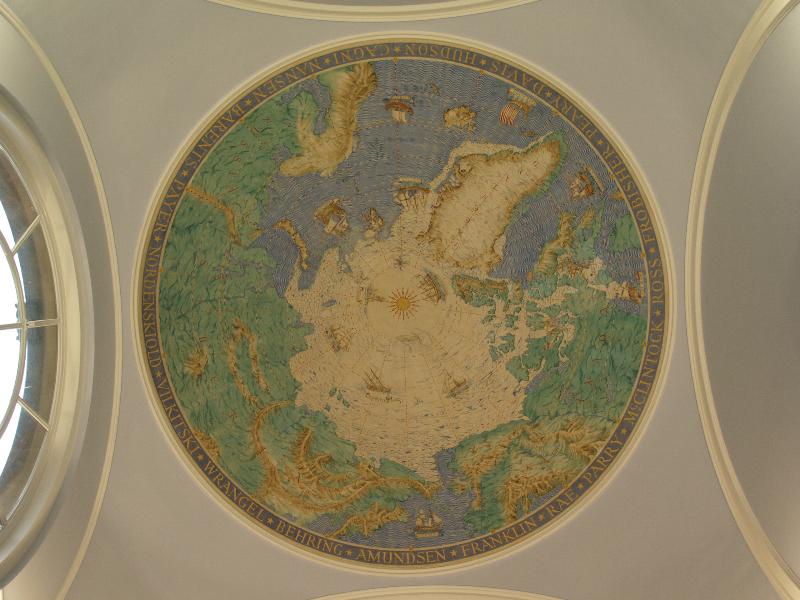 Cambridge, England: Scott Polar Research Institute: drawing of Arctic on dome ceiling (1934, Macdonald Gill)