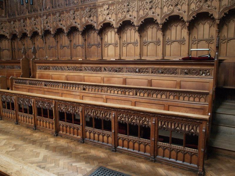 Cambridge, England: Selwyn College: chapel, choir stalls