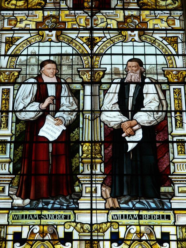 Cambridge, England: Emmanuel College: chapel window, William Sancroft and William Bedell (1884)