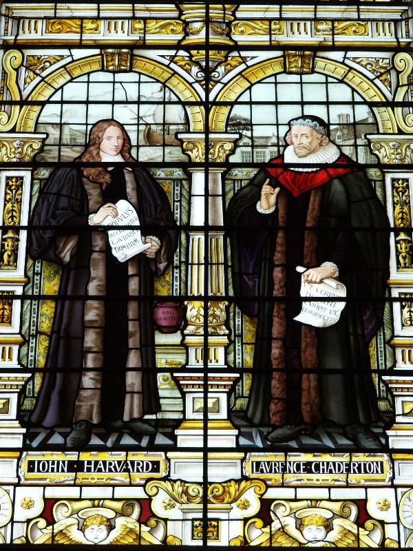 Cambridge, England: Emmanuel College: chapel window, John Harvard and Laurence Chaderton (1884)