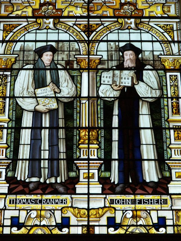 Cambridge, England: Emmanuel College: chapel window, Thomas Cranmer and John Fisher (1884)