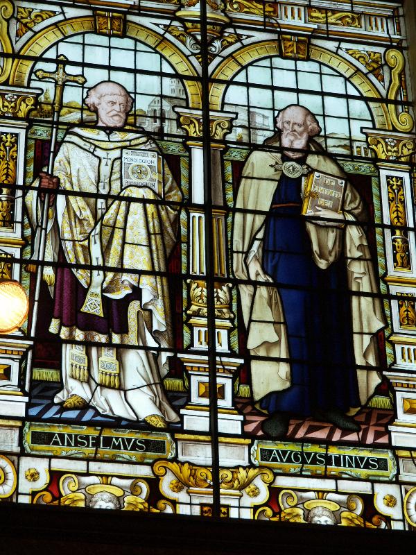 Cambridge, England: Emmanuel College: chapel window, St Anselm and St Augustine (1884)