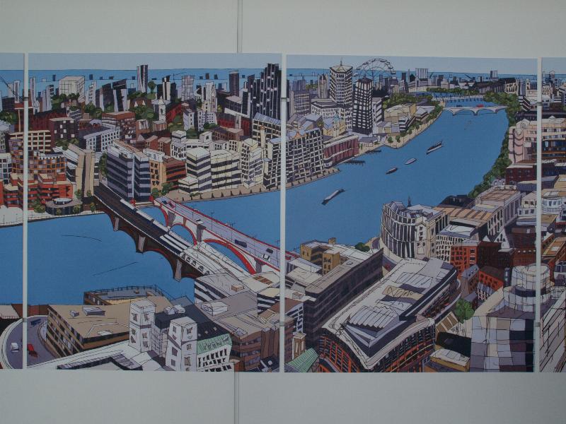London, England: Heathrow Airport, Terminal 5: part of a long mural of London around the Thames