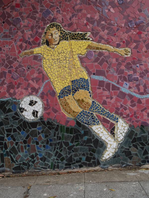 San Francisco, California (CA): Fell Street (between Pierce Street and Steiner Street): girl playing soccer (2010-2011, Kid Serve, Josef Norris)
