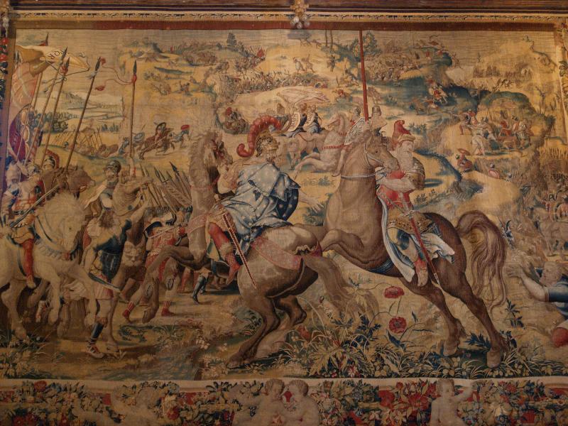 San Simeon, California (CA): Hearst Castle: Casa Grande, Assembly Room, tapestry (battle scene)