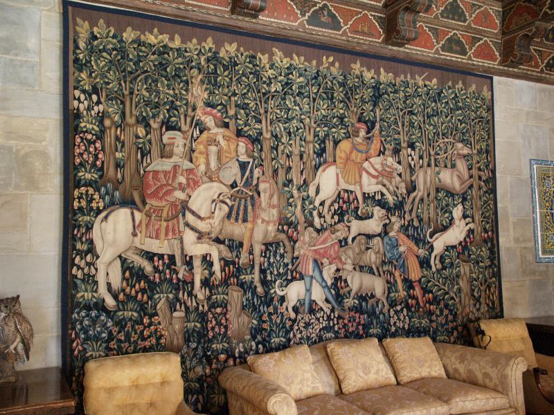 San Simeon, California (CA): Hearst Castle: Casa Grande, Billiard Room, tapestry (Hunting Scene, Franco-Flemish, Mille Fleur, late 15th or early 16th century)