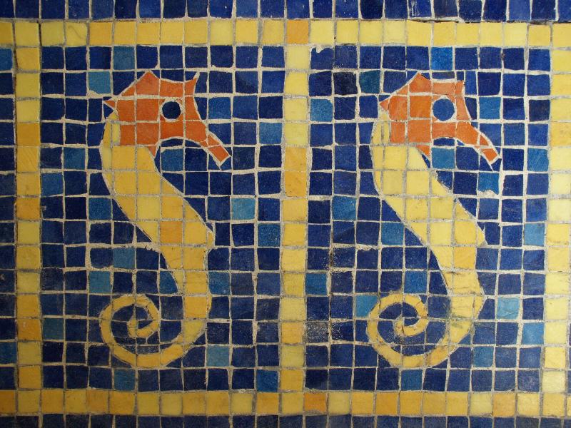 San Simeon, California (CA): Hearst Castle: Roman Pool, sea horses (wall tiles)