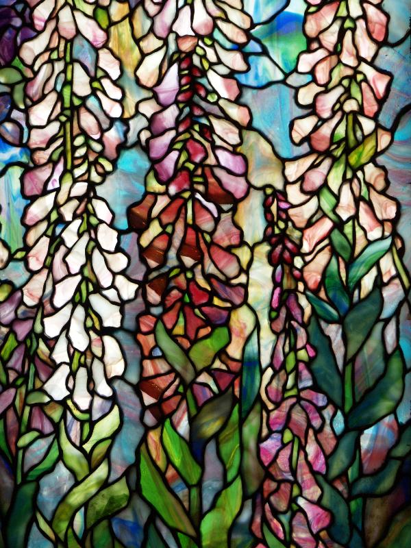 Pacific Grove, California (CA): St Mary's-by-the-Sea Episcopal Church: foxgloves, detail (McCormick Memorial Window, 1922, Tiffany Studios)