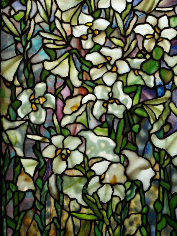 Pacific Grove, California (CA): St Mary's-by-the-Sea Episcopal Church: lilies detail (McCormick Memorial Window, 1922, Tiffany Studios)