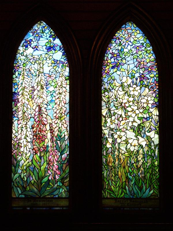 Pacific Grove, California (CA): St Mary's-by-the-Sea Episcopal Church: foxgloves and lilies (McCormick Memorial Window, 1922, Tiffany Studios)