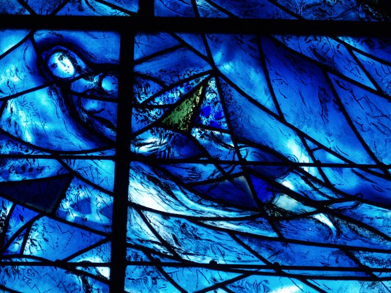 Tudeley, England: All Saints' Church: Crucifixion window, detail (installed 1967-1985, Marc Chagall)