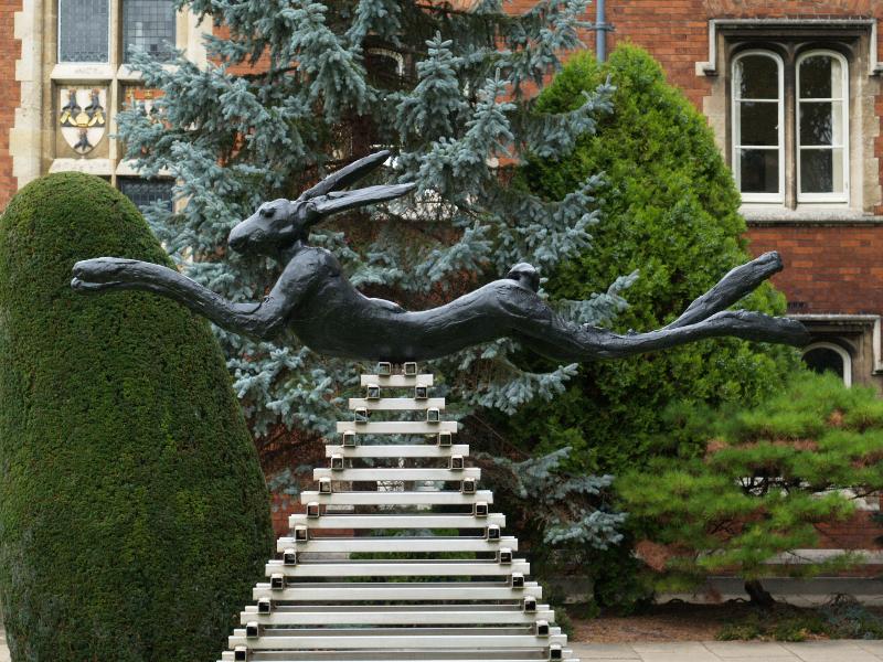 Cambridge, England: Jesus College: Six foot leaping hare on steel pyramid (1990, Barry Flanagan)