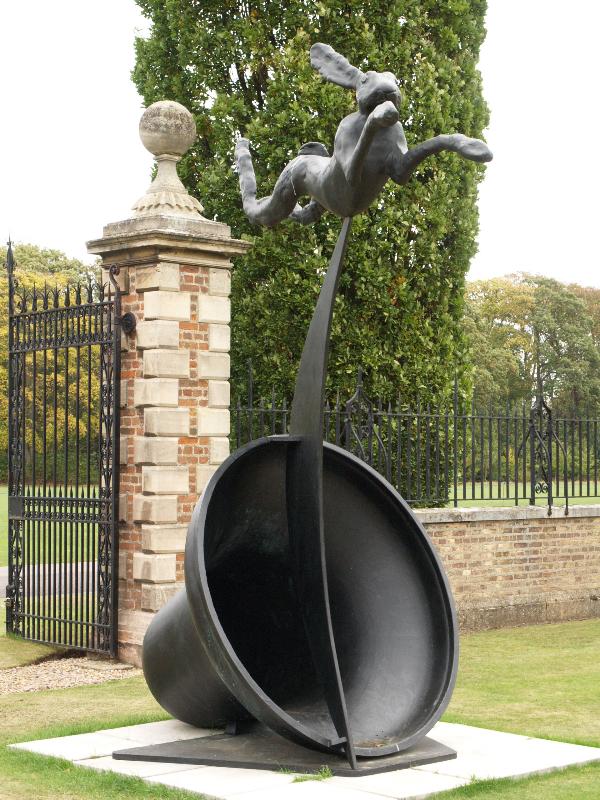 Cambridge, England: Jesus College: Leaping Hare on Crescent and Bell (1988, Barry Flanagan)