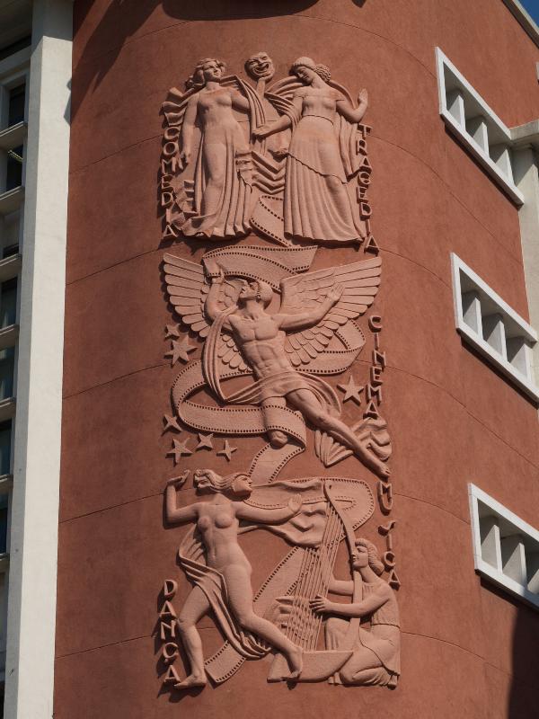 Lisbon, Portugal: Cinema Condes (now Hard Rock Cafe): relief on building (1950, but deco in spirit; architect Raul Tojal)