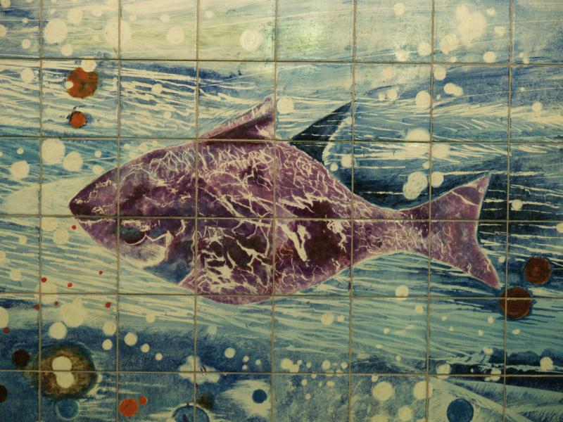 Lisbon, Portugal: Estacao de metro Oriente (Oriente Station): fish (artist Abdoulaye Konate)